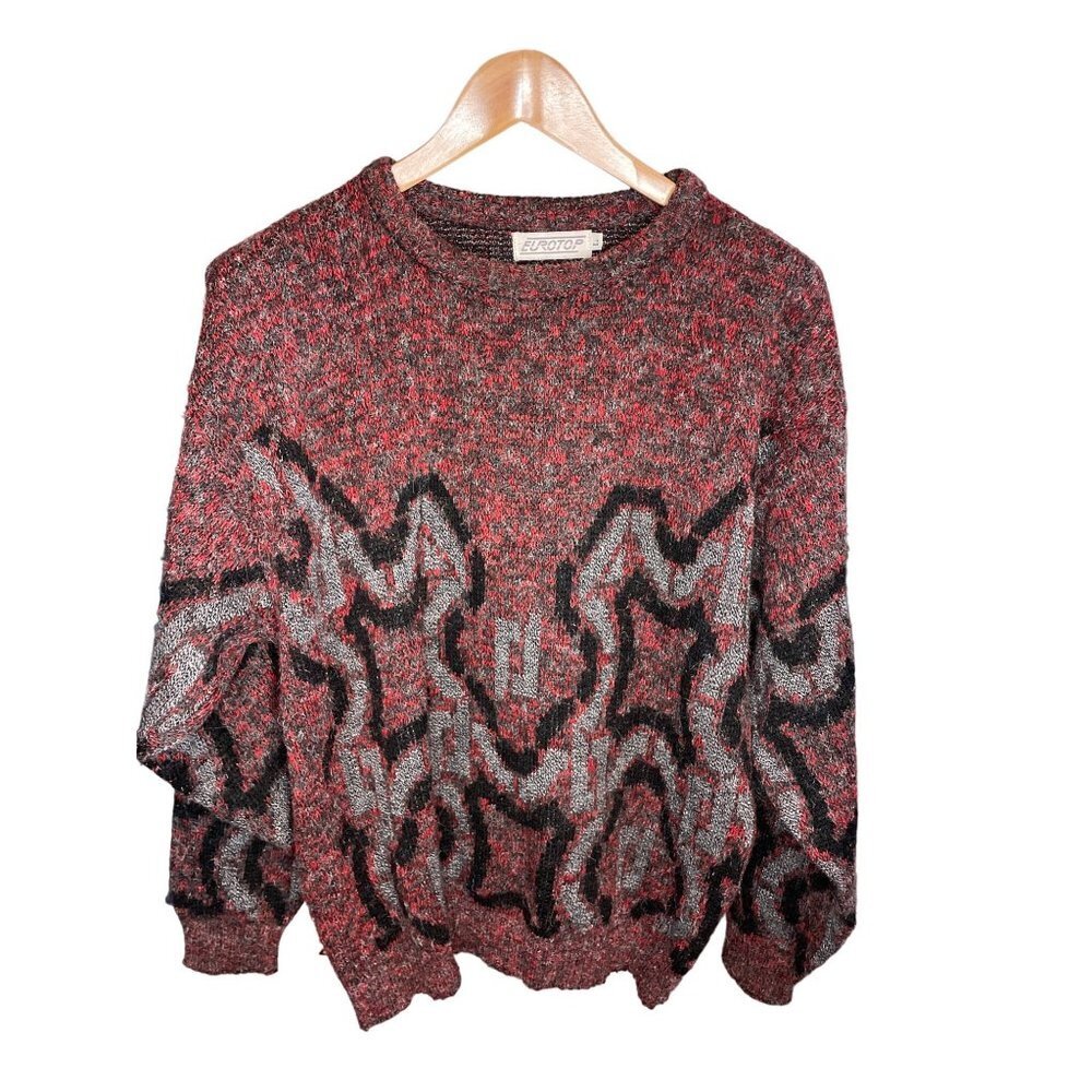Vintage 90s Eurotop Red Black Gray Crew Neck Sweateer S